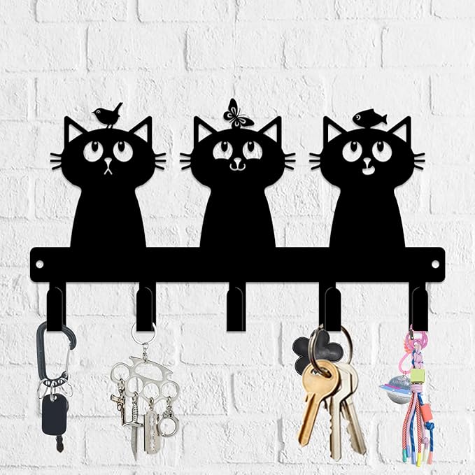magilab Cat-Themed 10-Inch Iron Key Hooks with 5 Hooks, Black Wall Organizer - Cute Cat Design for Home Decor, No Drill & Screw-in Options (Style K)