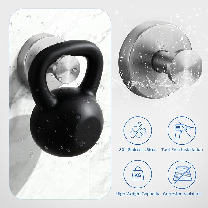 Suction Cup Hooks Stainless Steel Shower Hooks No Drill Towel Hooks Removable Wreath Hanger for Front Door, Bathroom Wall, Kitchen, Glass, Mirror (2 Pack)