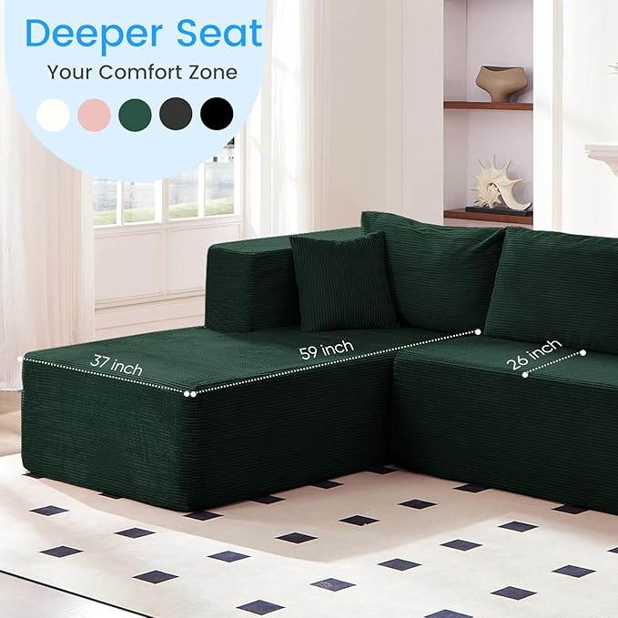 PUREMIND 106" Cloud Sectional Couch for Living Room, Corduroy L Shape Sofa with Deep Seat, Modern Green Couches Modular Boneless Foam Couch Corner Couches, No Assembly Required