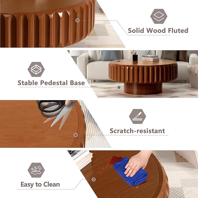 31.5'' Wooden Round Coffee Table with Storage, Modern Luxury Circle Drum Center Tables with Solid Wood Fluted, Accent Round Coffee Table for Living Room Apartment Small Space, Walnut