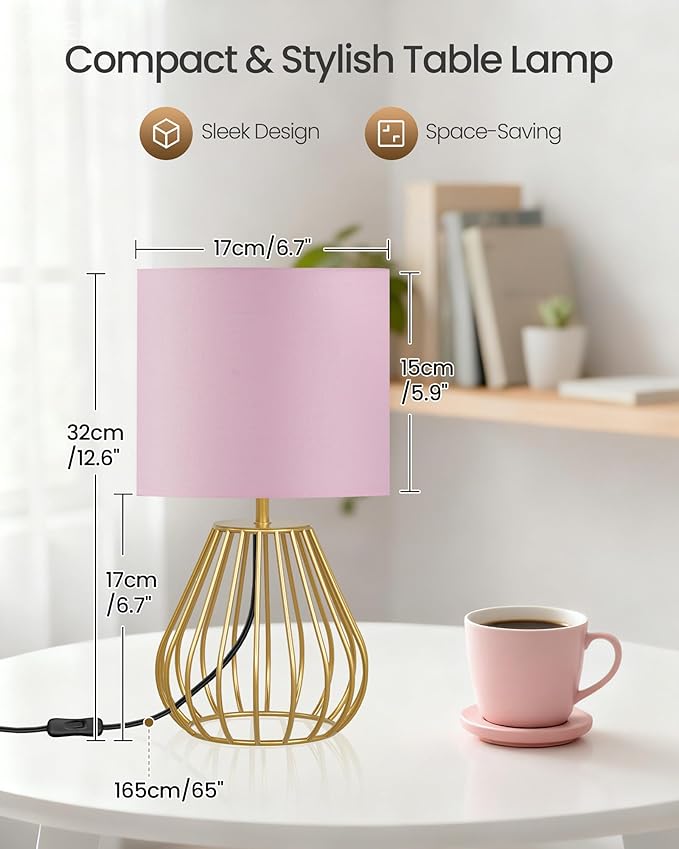 Pink and Gold Table Lamp, Small Bedside Lamp with Metal Base & Pink Linen Lampshade, Modern Nightstand Lamp, Little Cute Desk Lamp for Girl Kid's Room, 2700K LED Bulb Included, DP06TL05