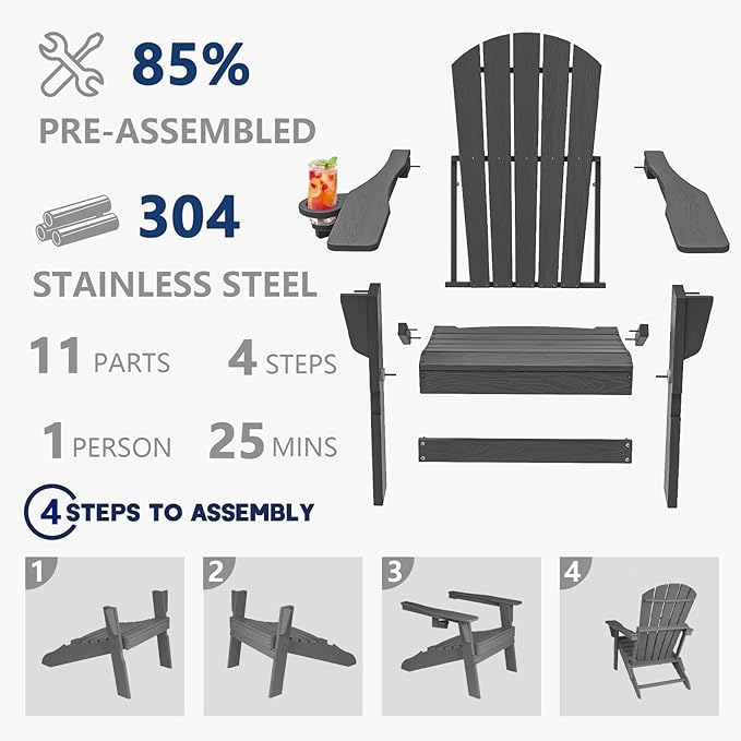 Plawdlik Folding Adirondack Chair, SGS Tested, Wooden Textured with Cup Holder, Heavy All-Weather HDPE Comfortable Set Poolside Backyard Lawn Grey Set 2