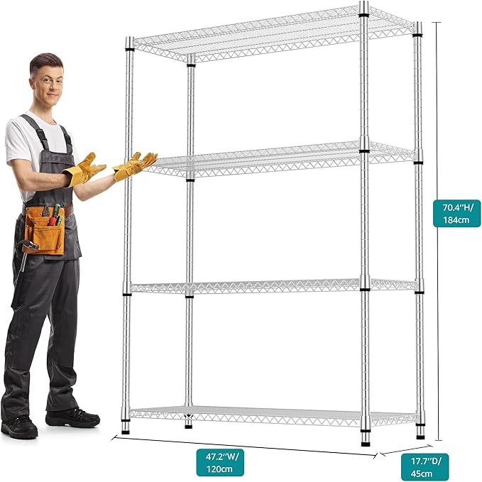 4 Tiers Shelf Metal Storage Shelves 2640 lbs Steel Storage Shelving Utility Shelving Unit Steel Organizer Wire Rack for Home,Kitchen,Office,Garage Chrome 17.7" D x 47.2" W x 70.3" H