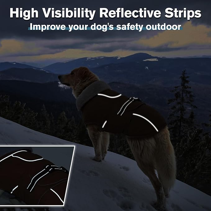 Lelepet Warm Dog Coat Reflective Fleece Vest Waterproof Dog Jacket with Adjustable Buckle Hook & Loop Windproof Cold Weather Coats for Small Medium Large Dogs, Brown, XL