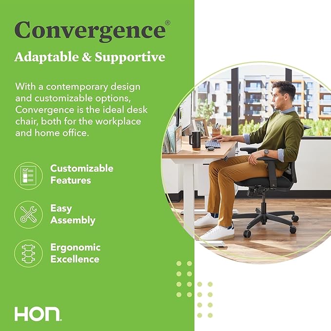 HON Convergence Ergonomic Office Chair, Breathable Back Support Mesh, Adjustable Arms, Computer Chair with Lumbar Support, Rolling Swivel Wheels, Comfortable Synchro-Tilt Recline, Fabric, Ruby
