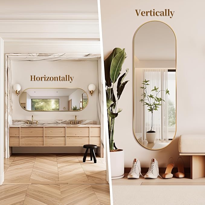 Oval Full Length Mirror, 48"×16" Wall-Mounted Mirror with Metal Frame, Ultra-Clear Explosion-Proof Dressing Mirror, Simple and Classic Deco for Cloakroom/Bedroom/Living Room, Gold