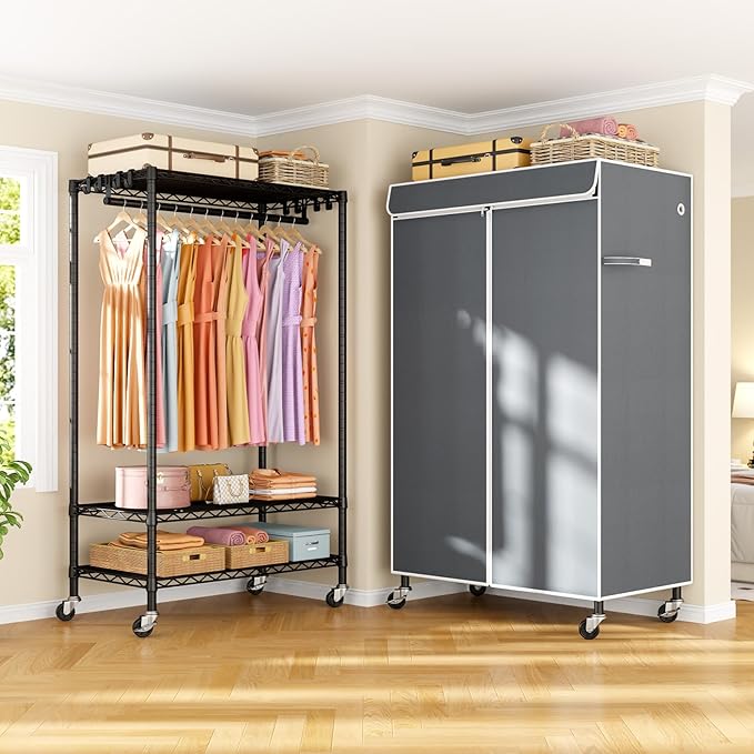 P6C Rolling Clothes Rack with Cover, Covered Clothing Racks Heavy Duty, Portable Closet for Hanging Clothes, Garment Racks on Wheels, Black Closet Rack with Gray Cover, Max Load 365LBS