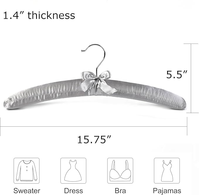 Grey Satin Padded Sweater Hangers 10 Pack, Blouse Hanger with Thick & Soft Foam for Bridal Wedding Dress Lingerie, Smooth Silk Covered Shirt Hanger Without Shoulder Bump