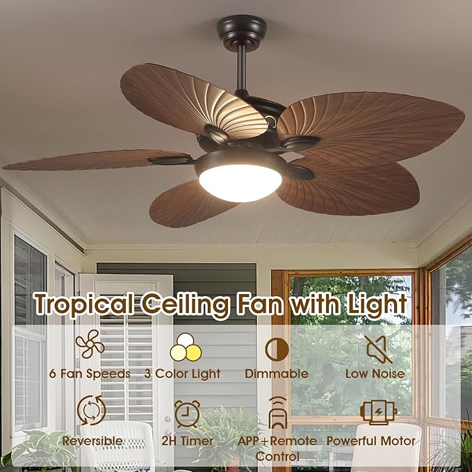 Ceiling Fans with Lights and Remote/APP Control, 52 Inch Tropical Palm Leaf Ceiling Fan with LED Lights, Outdoor Ceiling Fans for Patios Porch, Reversible Quiet Motor, Dimmable, Brown