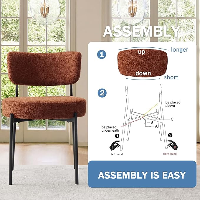 Brown Boucle Dining Chairs Set of 2, Upholstered Dinner Chair with Metal Frame, Dining Room Chairs with Padded Seat, Round Modern Seating for Living Room