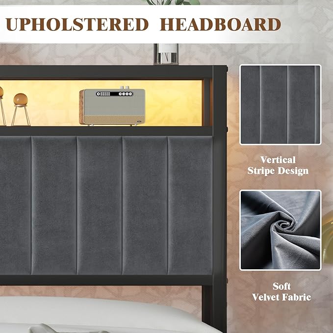 Full Bed Frame with LED Light and Charging Station, Velvet Upholstered Headboard with Storage Shelf, Heavy Duty Metal Slats/No Box Spring Needed/Easy Assembly, Grey