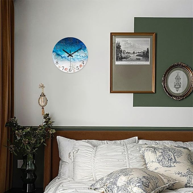XNM Beach Small Wall Clocks Battery Operated 12 Inch Blue Round Costal Wall Clock for Kitchen Quiet Wall Clock Modern
