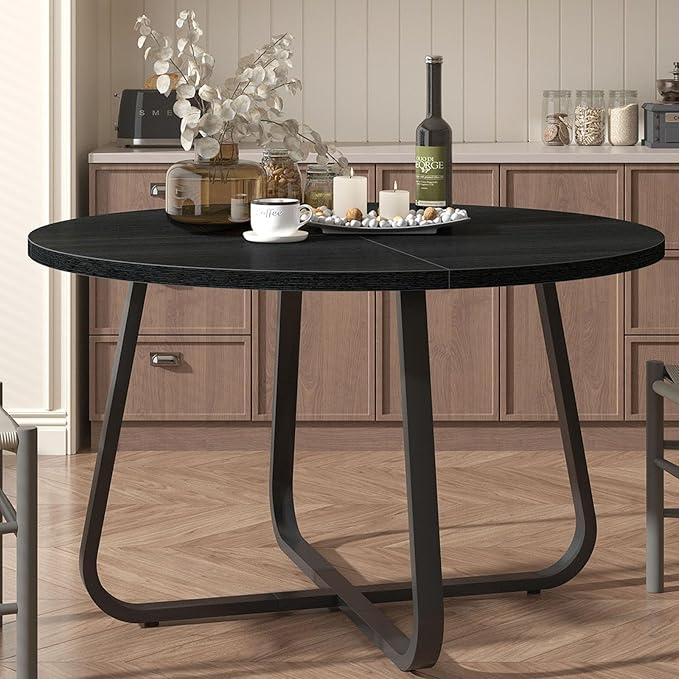 LVB 42 Inch Black Round Dining Table for 4 to 6, Circle Dining Tables, Modern Wood Metal Kitchen Tables, Round Dining Room Table for Home Kitchen Living Room,Black Oak