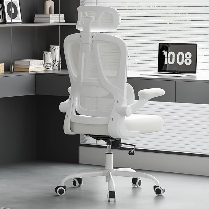 Farini Ergonomic Office Chair, Desk Chair with Headrest and Lumbar Support, High Back Swivel Home Office Chair with Headrest for Home Office Bedroom, Gifts, White & Beige