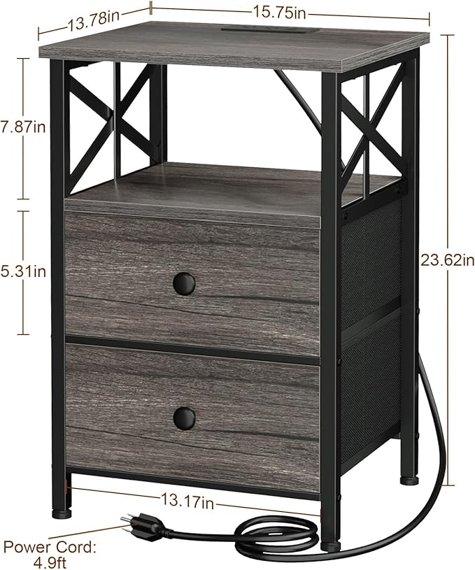 AMHANCIBLE Night Stand Set 2, Nightstand with Charging Station, End Tables Living Room with USB Ports and Outlets, Bedside Tables with Fabric Drawers for Bedroom, Dark Grey HET05XDG