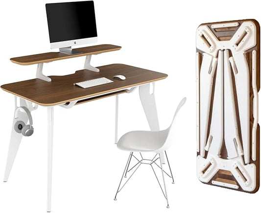 HOEK Desk Bundle, 47.5" x 23", Modular Collapsible Workstation with SNAP Assembly, Monitor Shelf, Under Shelf, Side Hook and Wall Cleat, Portable Folding Computer Desk for Home Office (Walnut/White)