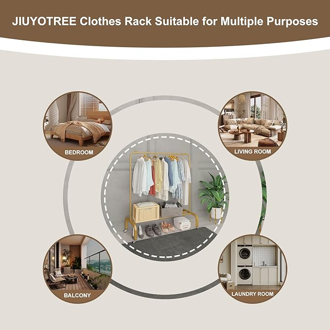 JIUYOTREE Metal Clothing Rack with Wheels 43.3 Inches Rolling Clothes Garment Coat Rack with Bottom Shelf Clothing Rack for Hanging Clothes Coats Skirts Shirts Sweaters Gold