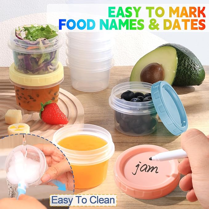 12pcs 4 oz Plastic Containers with Screw Lids, Reusable 1/2 Cup Small Food Storage Containers, Leakproof, Microwave Dishwasher Freezer Safe, with Pen and Brush