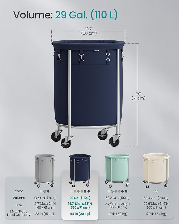 SONGMICS 29-Gallon (110 L) Laundry Basket with Wheels, Rolling Round Heavy-Duty Laundry Hamper Cart with Steel Frame and Removable Bag, 2 Locking Wheels, Charcoal Blue and Metallic Silver URLS002Q01