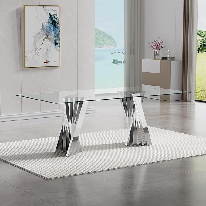 Goujxcy 70" Modern Glass Dining Table for 6-8, Luxury Silver Glass Dining Room Table with Mirrored Flash-Shape Stainless Steel Base, Rectangle Kitchen Dinner Tables for Dining Room Kitchen