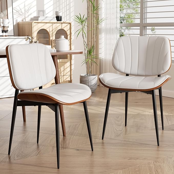 Dining Chair, Mid Century Modern Dining Room Chairs, Upholstered Faux Leather Kitchen Chairs with Walnut Bentwood Back and Metal Legs for Kitchen Dining Room Living Room, White