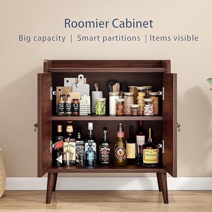 26" Rattan-Door Sideboard Cabinet with Round Pull Rings, 2-Door Credenza Buffet with Generous Storage, Modern Accent Cabinet for Living Room & Kitchen, Dark Brown