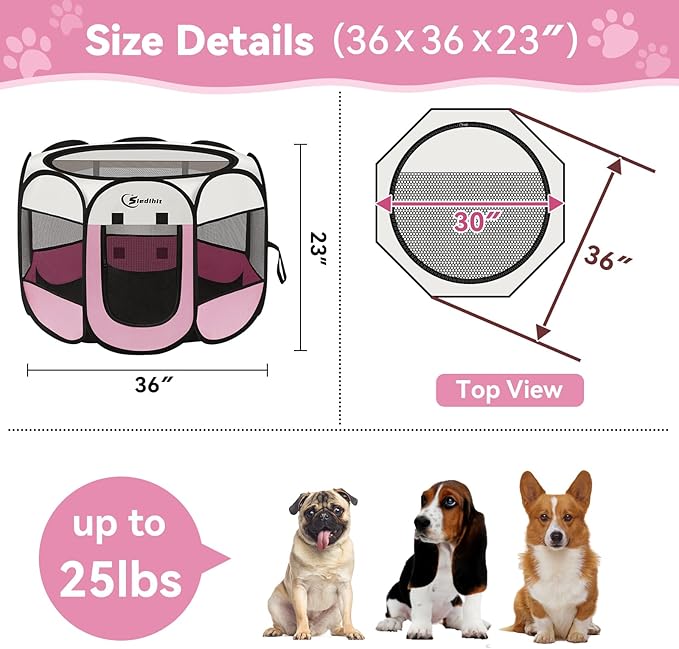 Pink Puppy Playpen for Middle Dog Cat, Dog Tent Crates Cage Indoor/Outdoor, Portable Pop Up Dog Kennel with Carrying Bag for Rabbits, Removable Top (Pink, Medium (36" x 36" x 23"))
