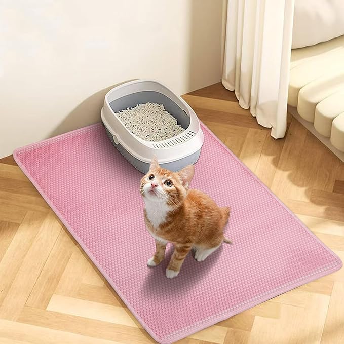 Cat Litter Mat,45"x32" Extra Large Cat Litter Box Mat,Honeycomb Double Layer Kitty Litter Trapping Mat,Soft EVA Material,Urine & Waterproof,Scatter Control,Easy Clean,Washable(Pink）