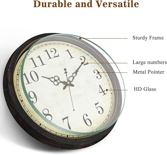 Geevon Vintage Brown Wall Clock, Silent 16" Non Ticking Wall Clock Battery Operated Retro Rustic Style Round Clock Decorative for Kitchen,Classroom,Bedroom,Living Room Decor