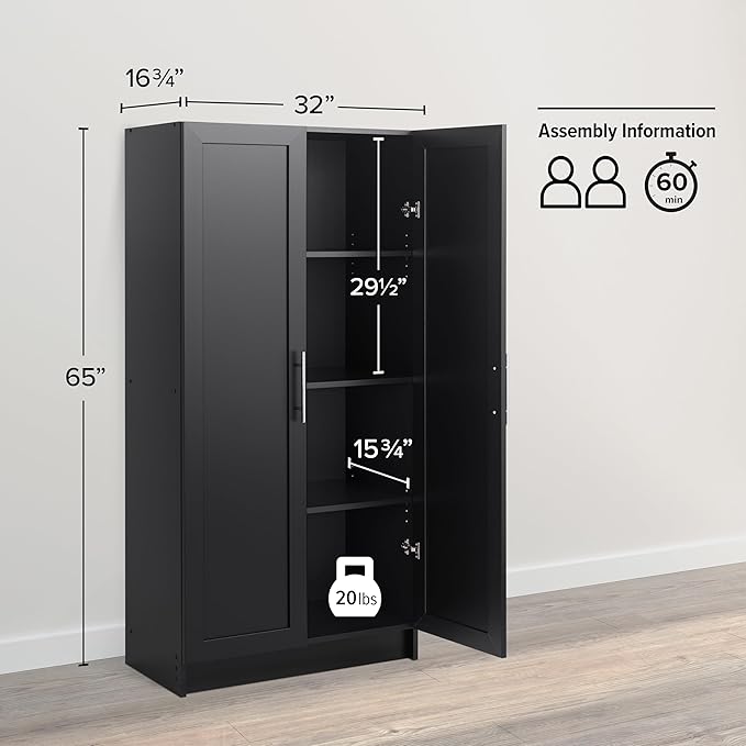 Prepac Elite Accent Cabinet with Panel Doors, Black Storage Cabinet, Bathroom Storage, Pantry with 3 Shelves 16.75" D x 32" W x 65" H