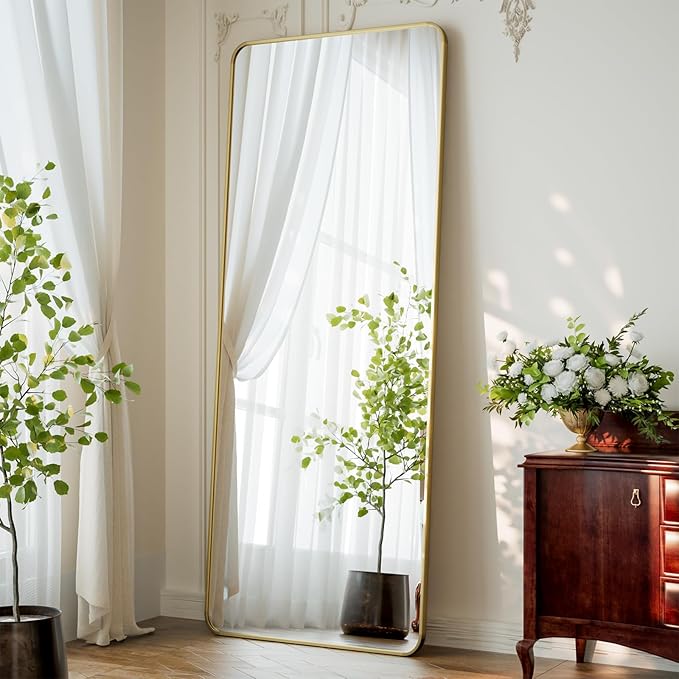 65"x24" Floor Full Length Mirror Standing Full Body Rounded Corner Rectangle Mirrors with Stand Hanging Wall Mounted Leaning Bedroom Living Room Bedroom Cloakroom,Gold