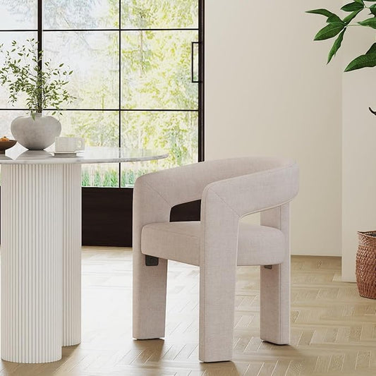 Modern Barrel Dining Chair, Linen Upholstered Accent Side Chair with Arms Comfy Makeup Vanity Chair, Dining Living Room Kitchen Chair, Beige