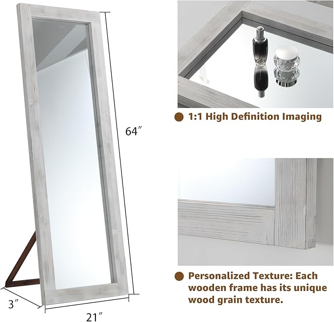 MELOMOIR Rustic Farmhouse Full Length Mirror, 64"x21" Wood Frame Floor Mirror, Free Standing Mirror Leaning Hanging Mirror, Long Mirror for Bedroom Living Room Cloakroom, Weathering White