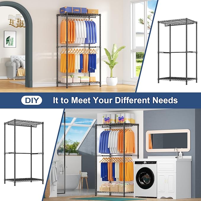Ulif E12 Clothes Rack，Heavy Duty Freestanding Garment Rack with Shelves，Metal Clothing Closet Storage System for Hanging Clothes，71" W x 16" D x 76.5" H, Hold 960 lbs，Black