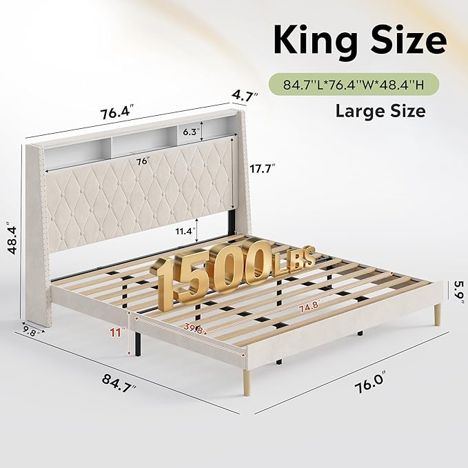 WLIVE King Size Upholstered Bed Frame with Storage Headboard, Velvet Square Tufted Platform Bed with Charging Station, Sturdy Metal & Wooden Slats Support, No Box Spring Needed, Beige