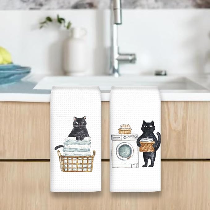 Funny Black Cat Hand Towels Set of 2, Gifts for Black Cat Owners Lovers Women Men, Cute Kitten Pet Decor for Bathroom, Funny Pet Lovers Laundry Hand Towels for Bathroom Washroom,16x24In