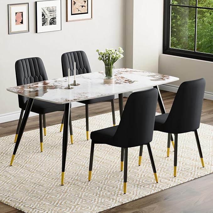 Modern Dining Table Set for 4, 62'' Sintered Stone Table, 4 Chairs, Easy to Assemble