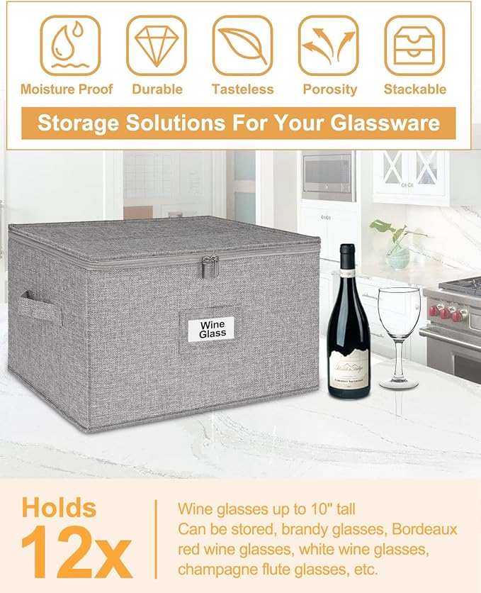 punemi Wine Glass Storage Box, Glassware Storage Containers W/Rigid Top Side Bottom Support & Padded Dividers, Stackable Stemware Storage Case for 24 China Crystal Glasses Drinkware, Moving Supplies