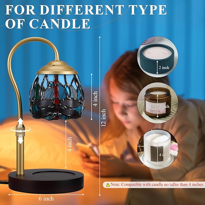 Tiffany Style Candle Warmer Lamp with Timer, Dimmable Dragonfly Stained Glass Candle Lamp Warmer, Vintage Candle Light for Scented Candles with 2 Bulbs for Home Deco Birthday Gifts for Mom Women