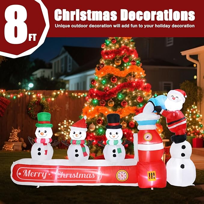 VCUTEKA Christmas Inflatables Outdoor Decorations, 8FT Blow Up Santa Claus with Three Snowmen, Animated Christmas Inflatable Yard Decoration with LED Lights for Holiday Lawn Garden Xmas Décor