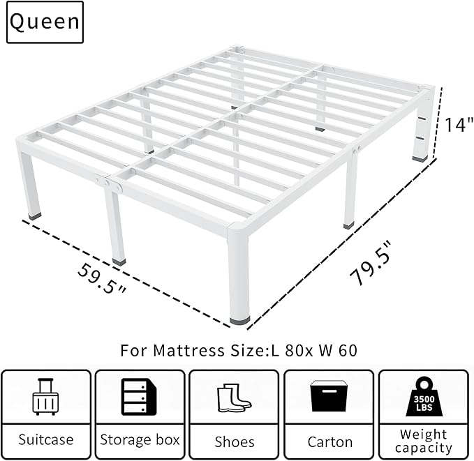ROIL 14 Inch White Queen Bed Frame with Rounded Corner and Headboard Hole Mattress Retainers 3500LBS Heavy Duty Steel Slats No Box Spring Needed Platform Noise-Free Easy Assembly