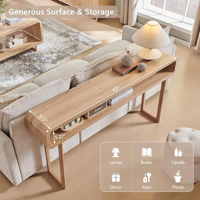 63-Inch Long Console Table, 31.5" Tall Modern Entryway Table with Open Storage Shelf, Curved Profile Design, Narrow Wood Sofa Table Behind Couch Table for Living Room, Hallway,Foyer, Natural Oak