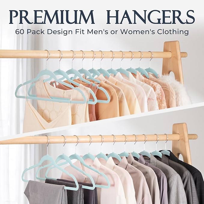 HOUSE DAY Sky Blue Velvet Hangers 60 Pack, Non Slip Clothes Felt Hanger Heavy Duty for Coat, Premium Slim Space Saving Suit Hangers for Closet Organizer, 360° Rotating Silver Hook