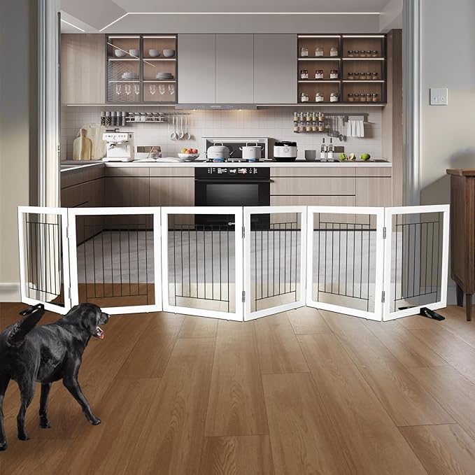 ZJSF Freestanding Dog Gate Indoor, Foldable Dog Fence for Doorways,Hallways or Stairs, Sturdy Wood Extra Wide Pet Gate with Support Feet,White,24 "Height-6 Panels
