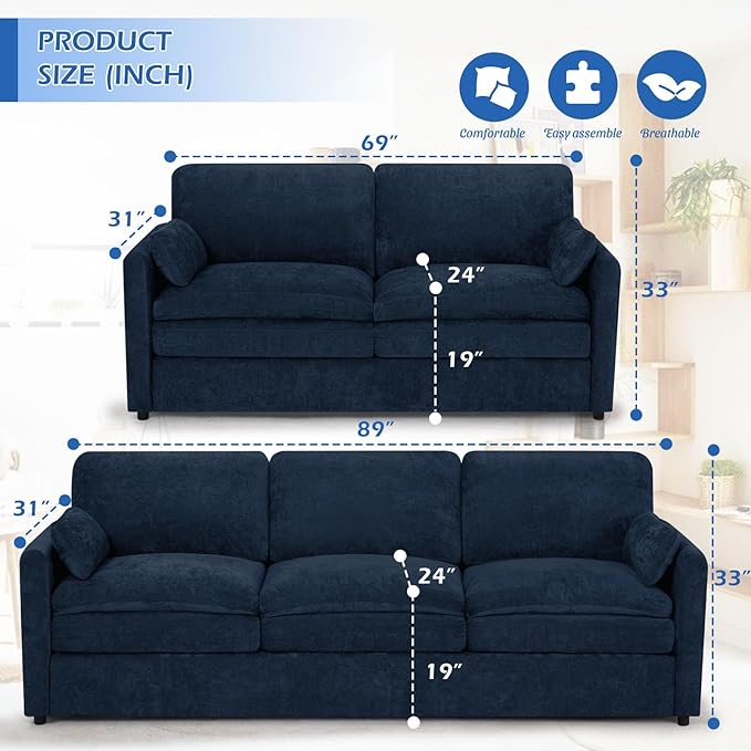 2 Pieces Chenille Sofa Set w/Arm Pillows, Upholstered Loveseat & 3 Seater Sofa w/Comfortable Back Cushions, Modern 2-Seat & 3-Seat w/High-Density Foam for Living Room, Apartment, Blue