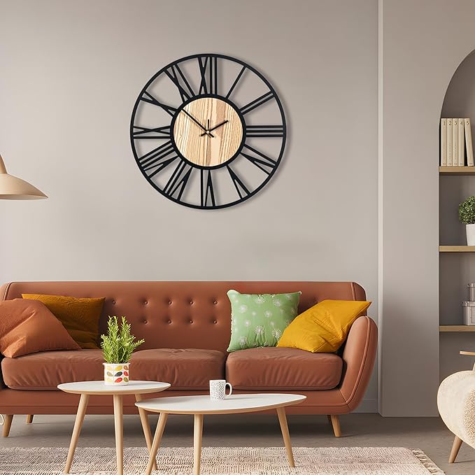 20inch/50cm Large Wall Clocks for Living Room Decor,Bedroom,Battery Operated,Metal,Decorative,Analog,Silent,Non Ticking Big Wall Clock(Wooden Roman Numerals, 20 inches)