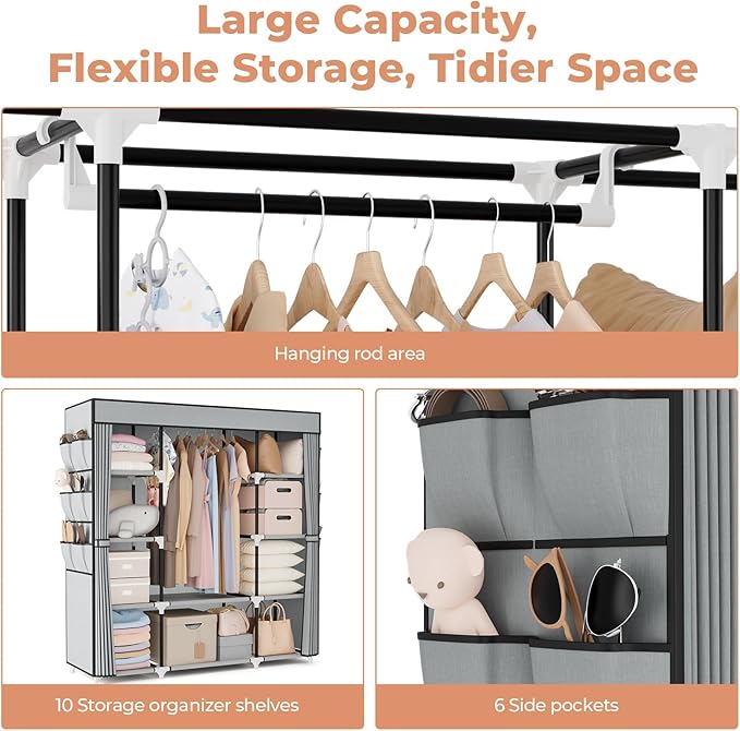 VTRIN Portable Closet Wardrobe for Hanging Clothes 57.3 Inch Large Capacity Clothes Rack with Cover, 10 Storage Organizer Shelves, 1 Hanging Rods and 6 Pockets, Free Standing Closet for Bedroom, Grey