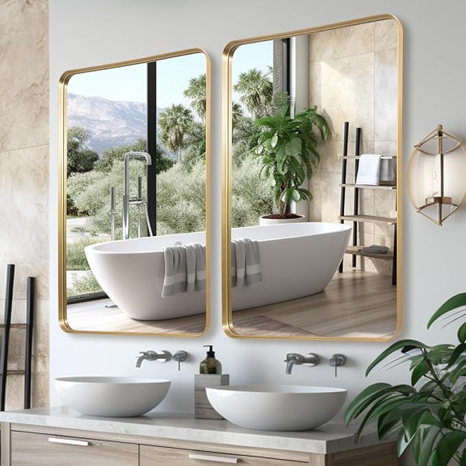 Gold Metal Deep Frame Mirror - 30" x 48" Rectangular Wall Mounted Vanity Mirror for Bathroom, Bedroom, Living Room & Entryway Decor