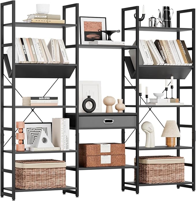 NUMENN Bookcases and Bookshelves Triple Wide 5 Tier Bookshelf, Large Etagere Bookshelf with Storage Drawer, Adjustable Open Display Shelves for Living Room, Bedroom, Home Office, Black