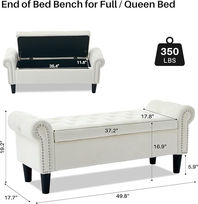 Storage Bench, 50" Queen End of Bed Bench, Velvet Tufted Button Upholstered Bedroom Bench, Storage Ottoman with Rolled Arms, Window Bench with Storage, for Living Room, Entryway Beige